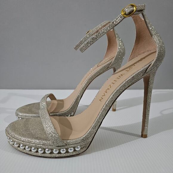 Stuart Weitzman Nudistdisco Pearl Heel Stiletto Platform Sandal Platino 10.5 - Picture 1 of 14